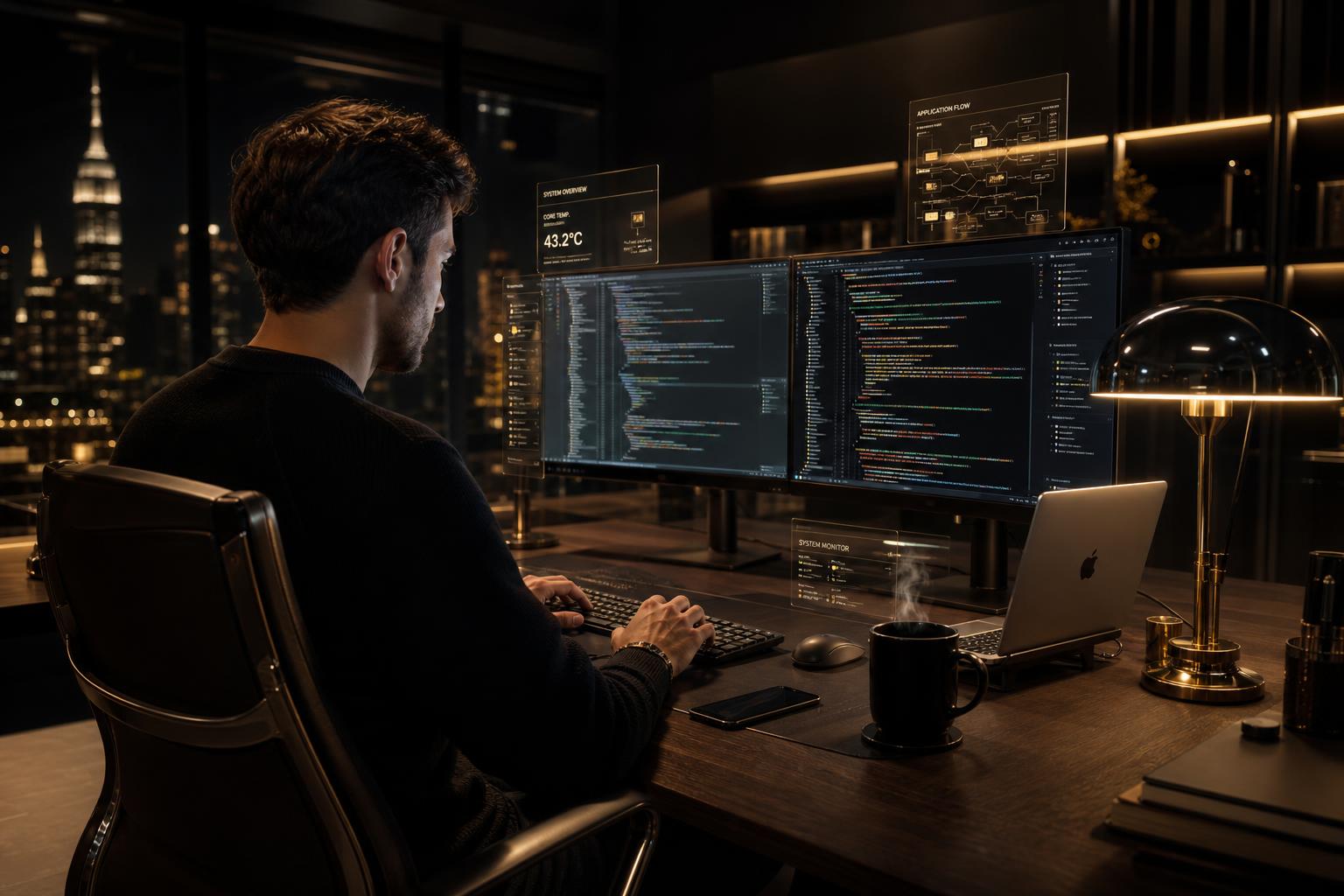 Realistic premium developer workspace with dual monitors, mechanical keyboard, brass desk lamp and city skyline at night